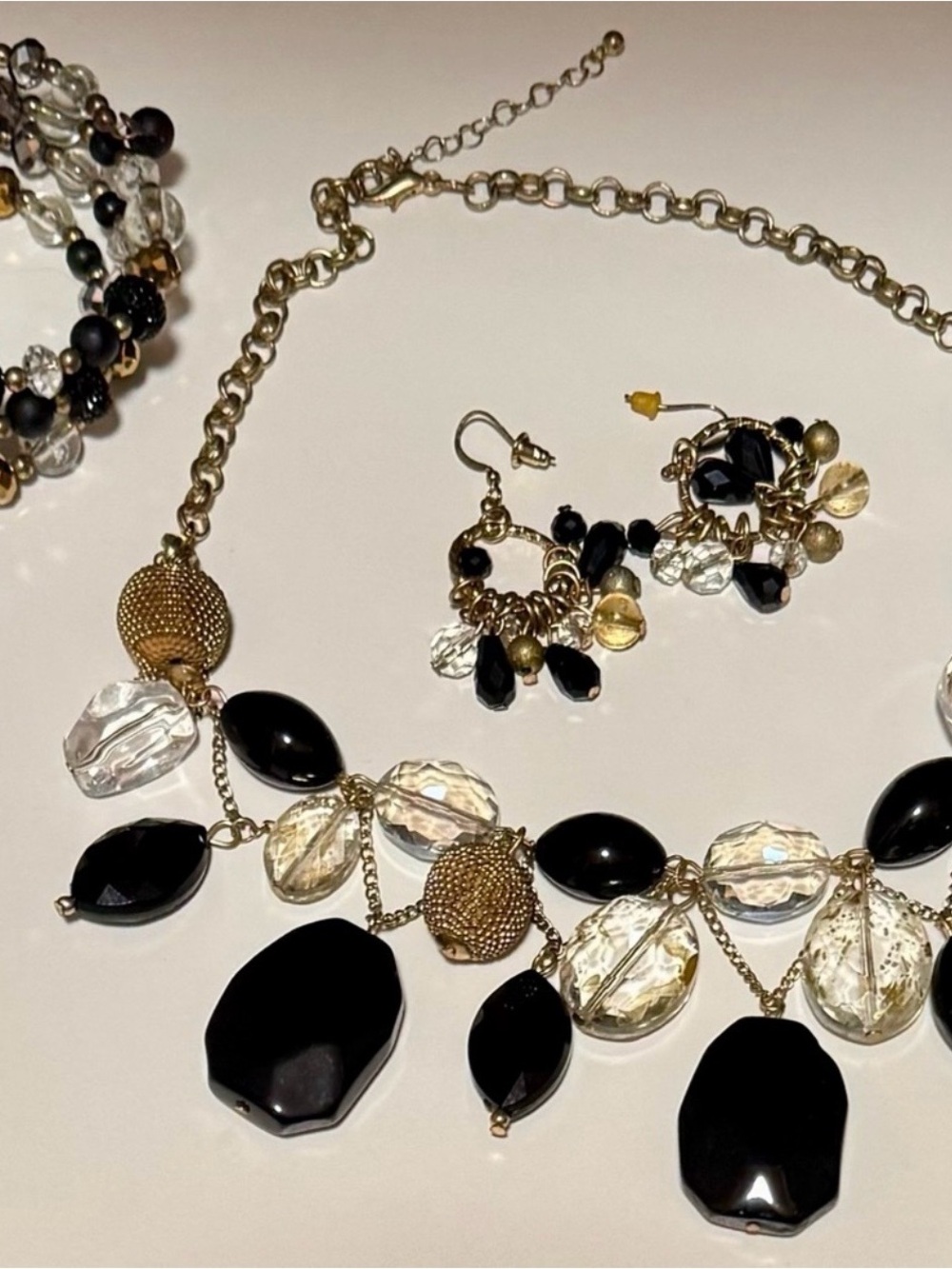 Chico's Elegant Black & Clear Statement Necklace and Earring Set